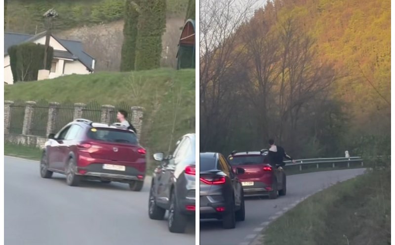 Inconștiență în trafic la Cluj: un șofer începător a fost filmat în timp ce conducea cu un pasager ieșit complet pe geam, pe un drum plin de curbe