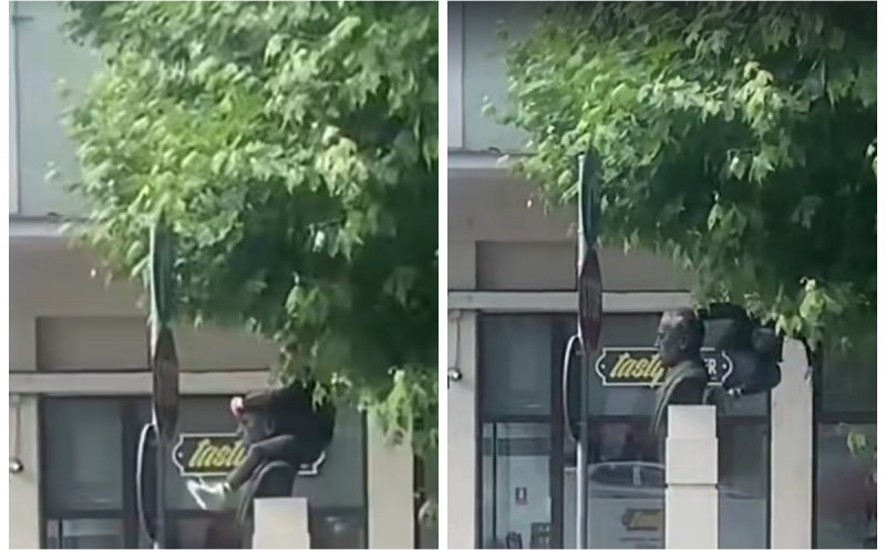 Imagini incredibile în centrul Clujului: un tânăr a fost filmat în timp ce „călărește” o statuie din Piața Lucian Blaga. Polițiștii l-au prins