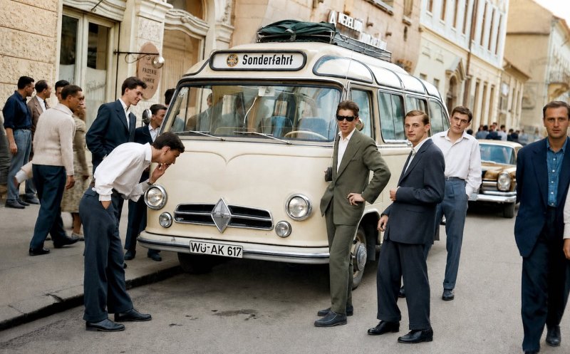 Autocar vest-german și curioși ai străzii în fața Hotelului Continental, Cluj, cca. 1960