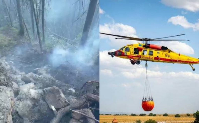 Incendiu neobișnuit într-o pădure din Cluj: focul se manifestă în subteran după ce un fulger a aprins câțiva copaci. Pompierii au chemat elicopterul
