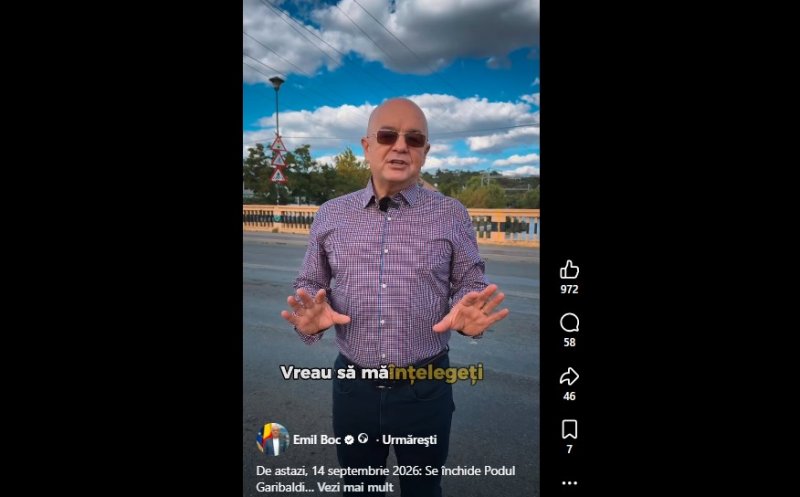 Boc cere înțelegere din partea clujenilor după închiderea podului Garibaldi: ''Știm că această perioadă va presupune dificultăți și timpi mai mari de așteptare, însă lucrările vor fi urmărite îndeaproape''